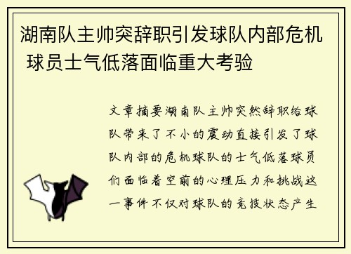 湖南队主帅突辞职引发球队内部危机 球员士气低落面临重大考验